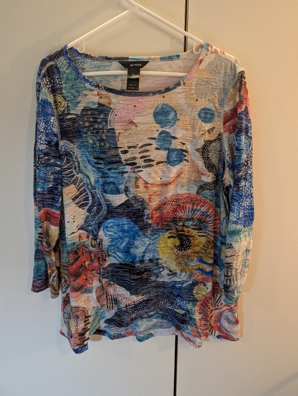 Ali Miles Multicolor Artistic Wave-Print Long Sleeve Top